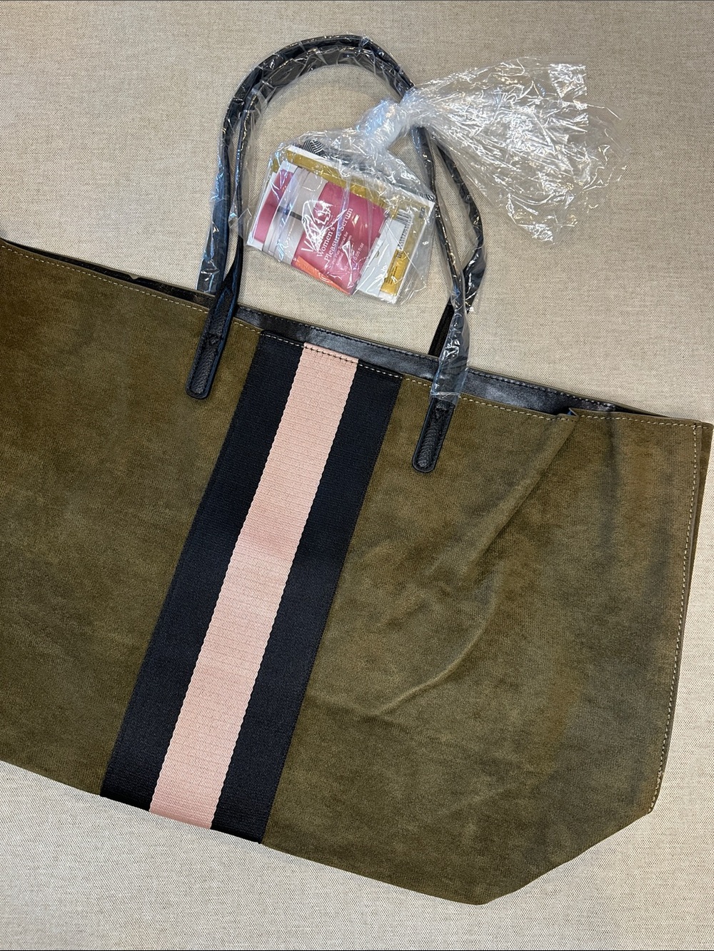 Olive Suede Tote with Black and Pink Center Stripe - Picture 6 of 12